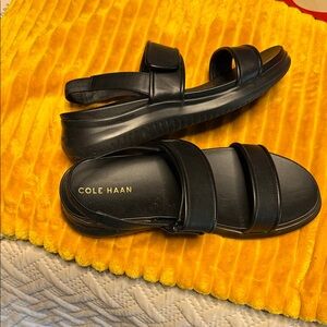 Cole Haan Black Leather Dual-Strap Velcro Sandals